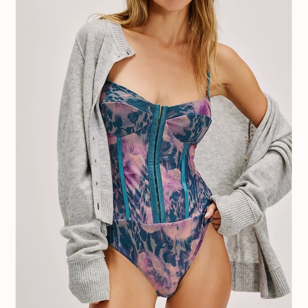 Free People Floral Bodysuit in Blue and Purple Deep Lagoon Combo | L - Picture 1 of 7